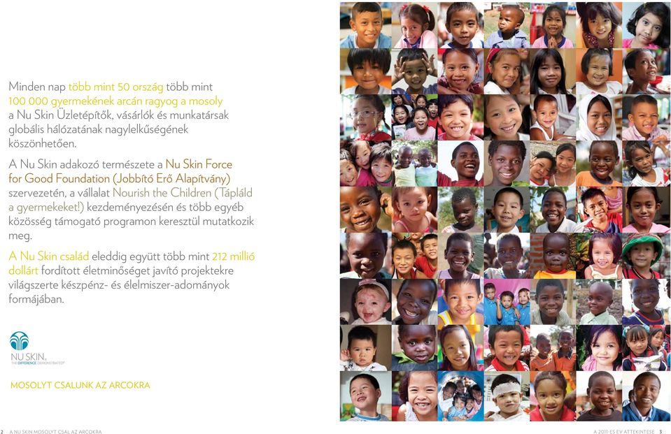 A Nu Skin adakozó természete a Nu Skin Force for Good Foundation (Jobbító Erő Alapítvány) szervezetén, a vállalat Nourish the Children (Tápláld a gyermekeket!