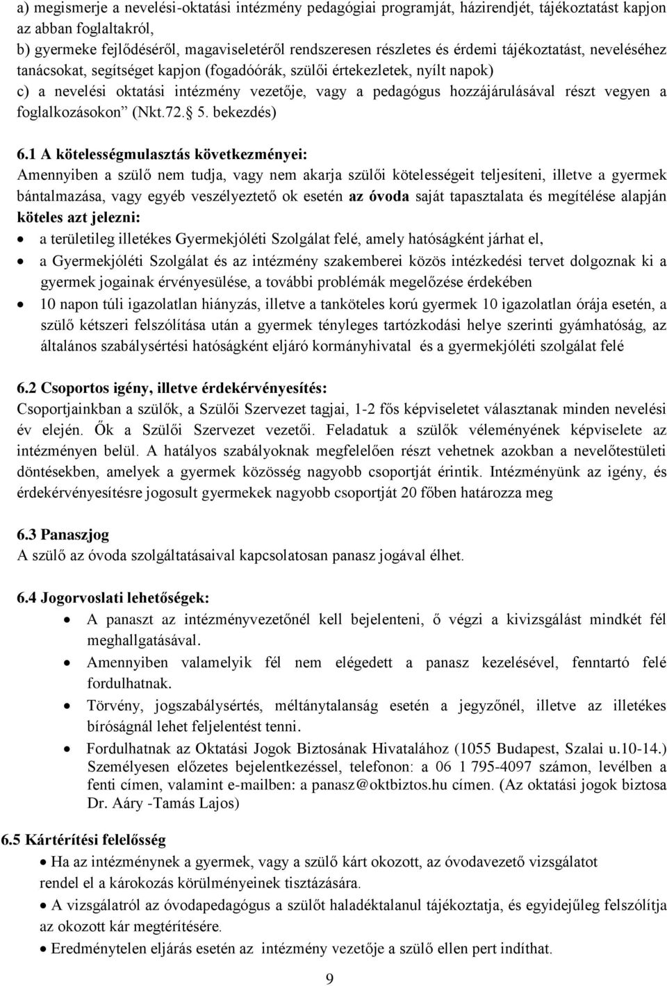 foglalkozásokon (Nkt.72. 5. bekezdés) 6.