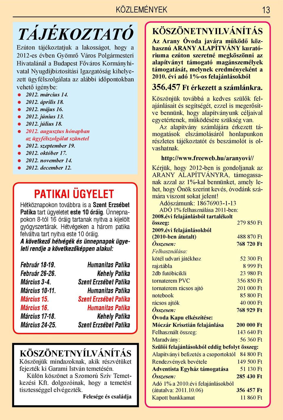 szeptember 19. 2012. október 17. 2012. november 14. 2012. december 12. PATIKAI ÜGYELET Hétköznapokon továbbra is a Szent Erzsébet Patika tart ügyeletet este 10 óráig.