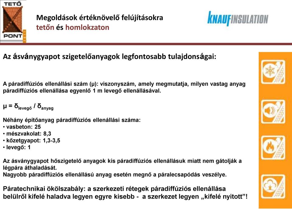 μ = δ levegő / δ anyag Néhány építőanyag páradiffúziós ellenállási száma: vasbeton: 25 mészvakolat: 8,3 kőzetgyapot: 1,3-3,5 levegő: 1 Az ásványgyapot hőszigetelő anyagok