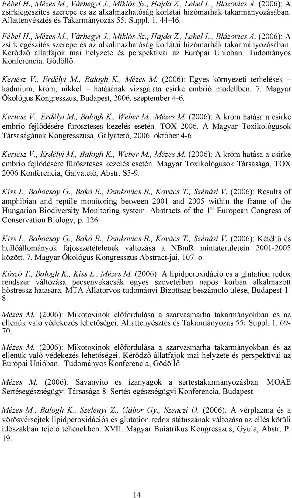 (2006): Egyes környezeti terhelések kadmium, króm, nikkel hatásának vizsgálata csirke embrió modellben. 7. Magyar Ökológus Kongresszus, Budapest, 2006. szeptember 4-6. Kertész V., Erdélyi M.