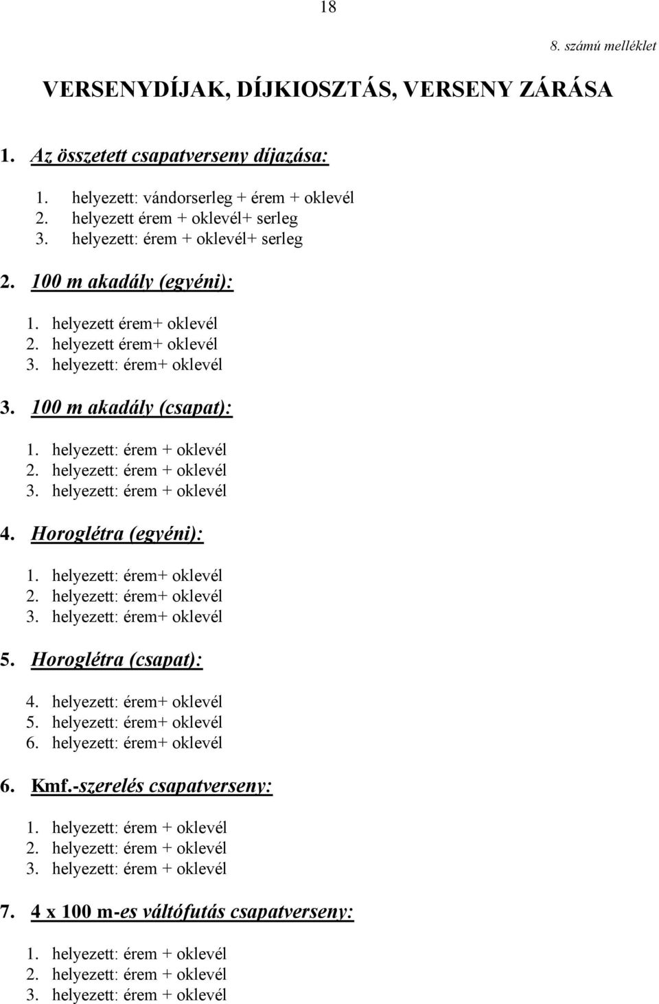 helyezett: érem + oklevél 2. helyezett: érem + oklevél 3. helyezett: érem + oklevél 4. Horoglétra (egyéni): 1. helyezett: érem+ oklevél 2. helyezett: érem+ oklevél 3. helyezett: érem+ oklevél 5.