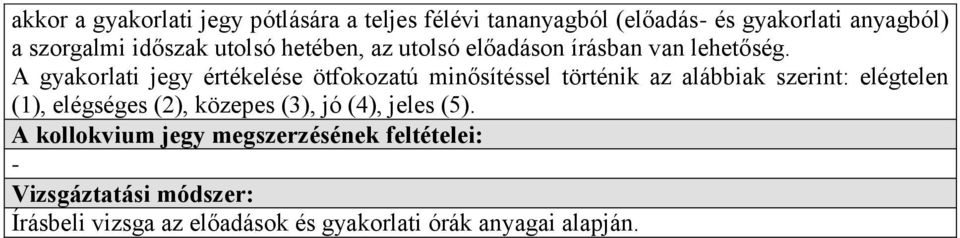 A gyakorlati jegy értékelése ötfokozatú minősítéssel történik az alábbiak szerint: elégtelen