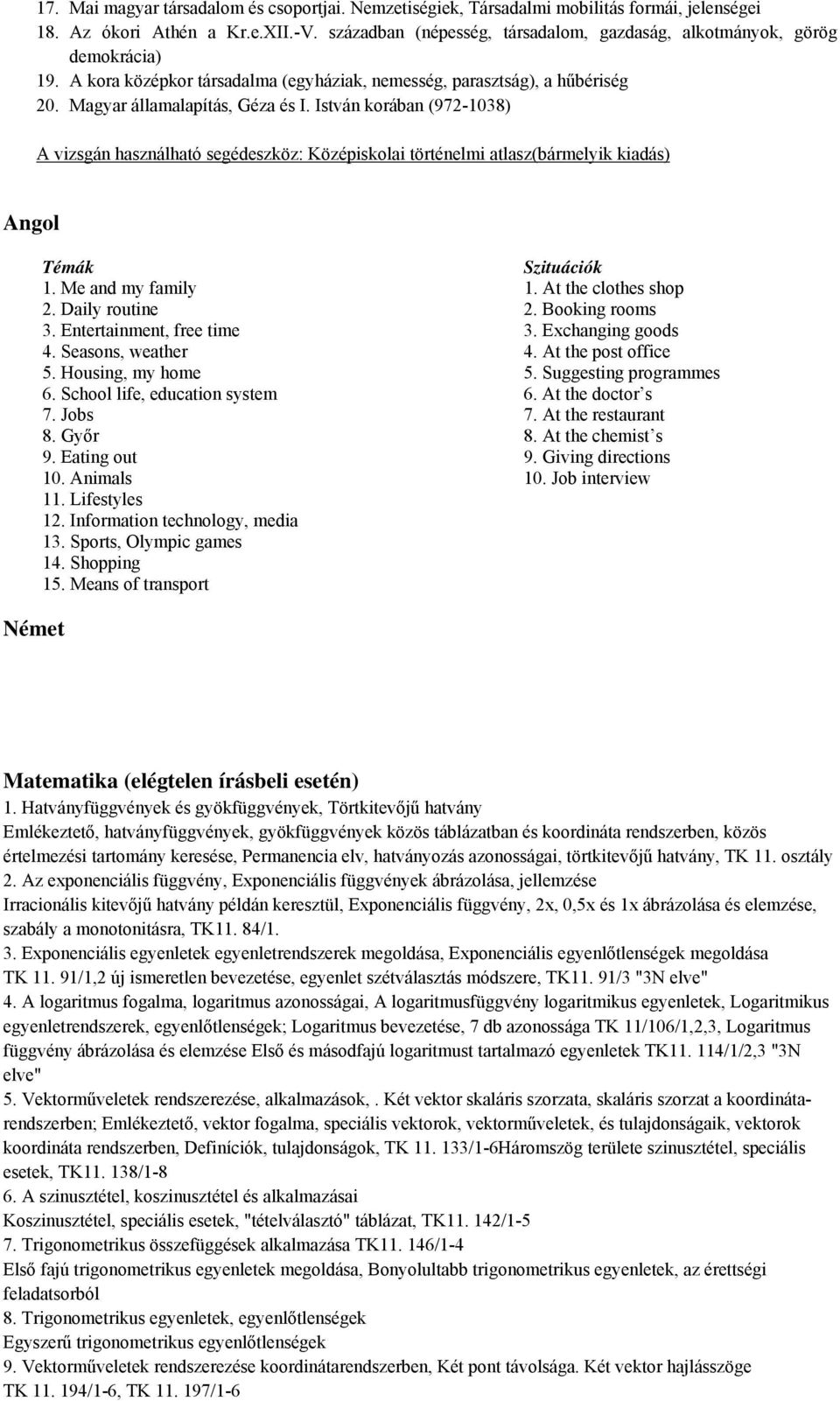 István korában (972-1038) A vizsgán használható segédeszköz: Középiskolai történelmi atlasz(bármelyik kiadás) Angol Német Témák Szituációk 1. Me and my family 1. At the clothes shop 2.