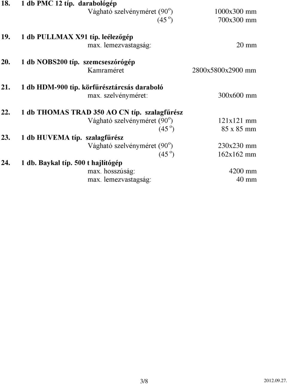 szalagfűrész Vágható szelvényméret (90 o ) (45 o ) 23. 1 db HUVEMA típ. szalagfűrész Vágható szelvényméret (90 o ) 24. 1 db. Baykal típ.