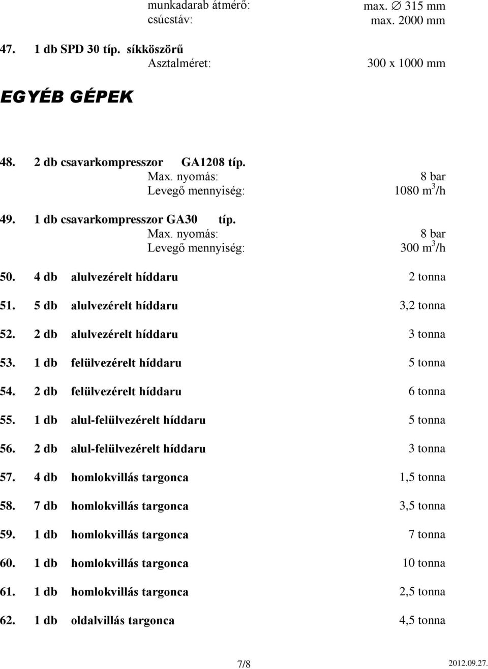 2 db alulvezérelt híddaru 3 tonna 53. 1 db felülvezérelt híddaru 5 tonna 54. 2 db felülvezérelt híddaru 6 tonna 55. 1 db alul-felülvezérelt híddaru 5 tonna 56.