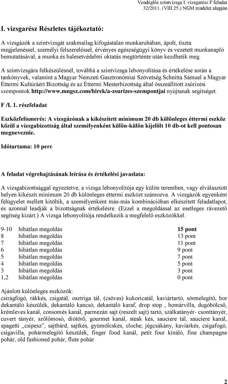 A szintvizsgára felkészülésnél, továbbá a szintvizsga lebonyolítása és értékelése során a tankönyvek, valamint a Magyar Nemzeti Gasztronómiai Szövetség Schnitta Sámuel a Magyar Éttermi Kultúráért