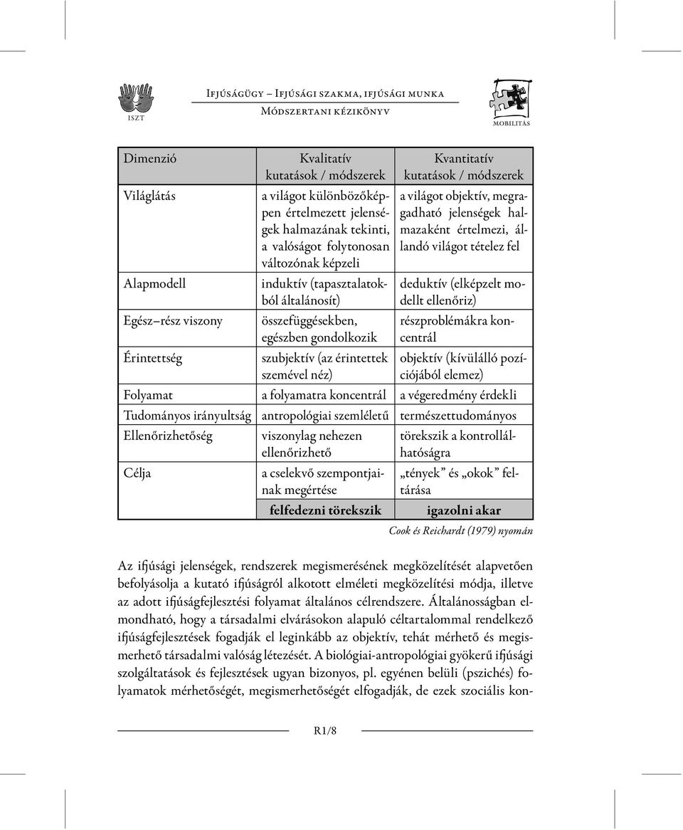 Kvantitatív kutatások / módszerek a világot objektív, megragadható jelenségek halmazaként értelmezi, állandó világot tételez fel deduktív (elképzelt modellt ellenőriz) részproblémákra koncentrál