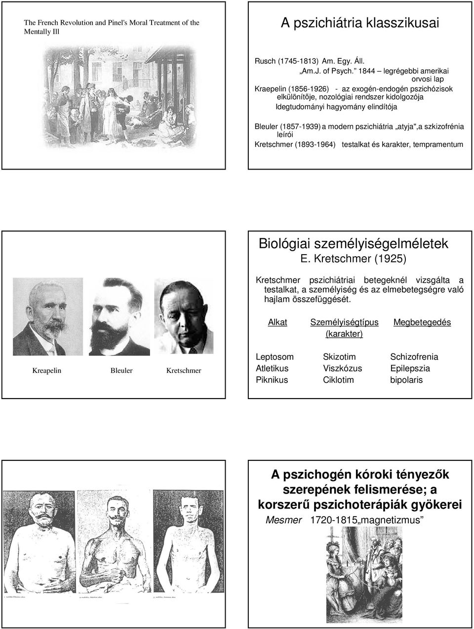 modern pszichiátria atyja",a szkizofrénia leírói Kretschmer (1893-1964) testalkat és karakter, tempramentum Biológiai személyiségelméletek E.