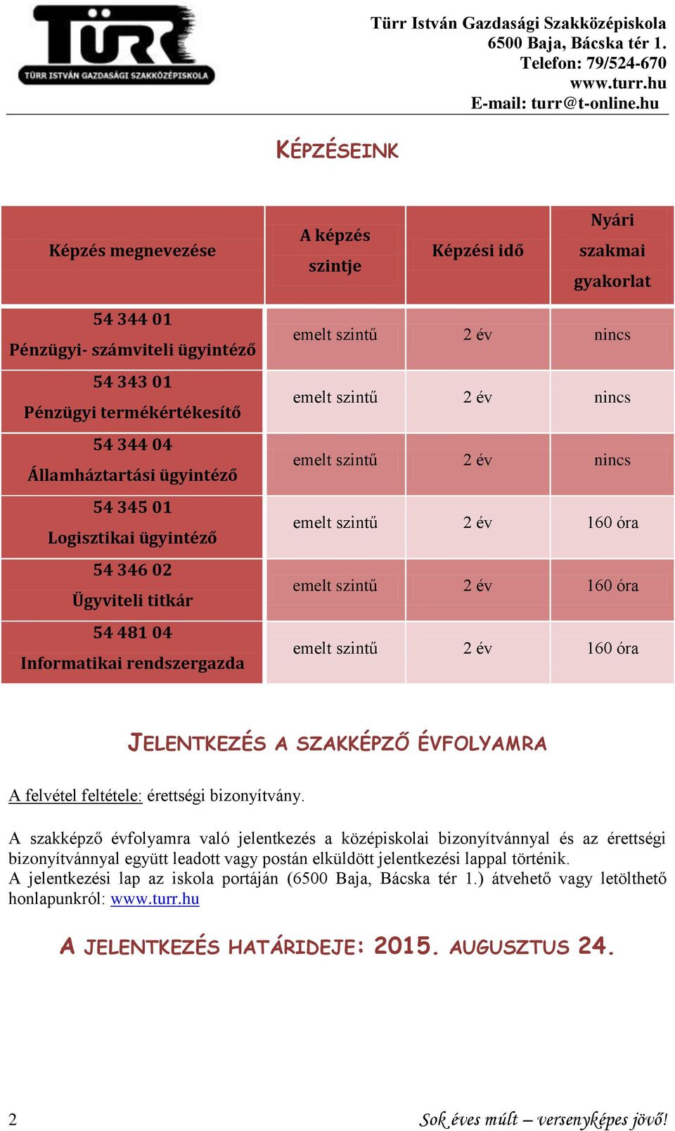 szintű 2 év 160 óra emelt szintű 2 év 160 óra JELENTKEZÉS A SZAKKÉPZŐ ÉVFOLYAMRA A felvétel feltétele: érettségi bizonyítvány.