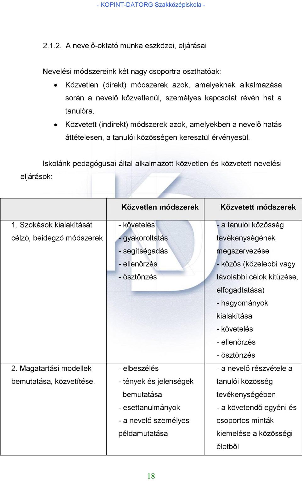 eljárások: Iskolánk pedagógusai által alkalmazott közvetlen és közvetett nevelési 1. Szokások kialakítását célzó, beidegző módszerek 2. Magatartási modellek bemutatása, közvetítése.