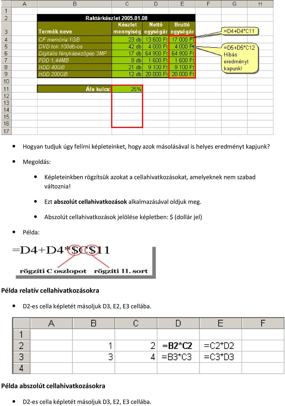 Ezt abszolút cellahivatkozások alkalmazásával oldjuk meg.