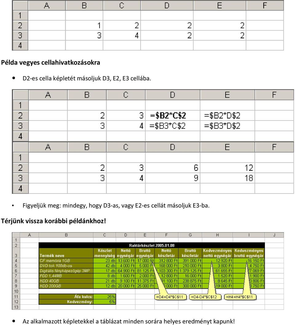 Figyeljük meg: mindegy, hogy D3-as, vagy E2-es cellát másoljuk