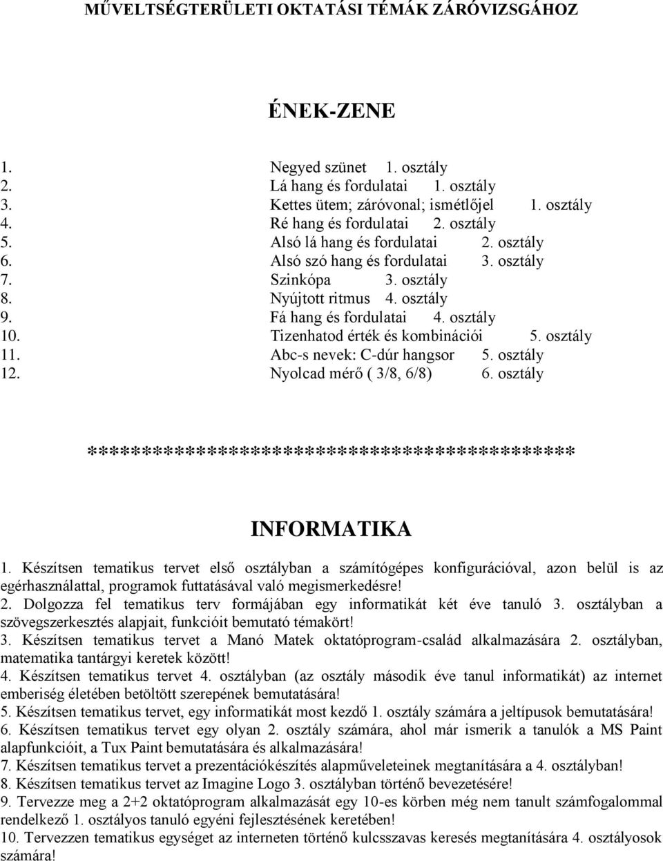 Abc-s nevek: C-dúr hangsor 5. osztály 12. Nyolcad mérő ( 3/8, 6/8) 6. osztály ********************************************* INFORMATIKA 1.