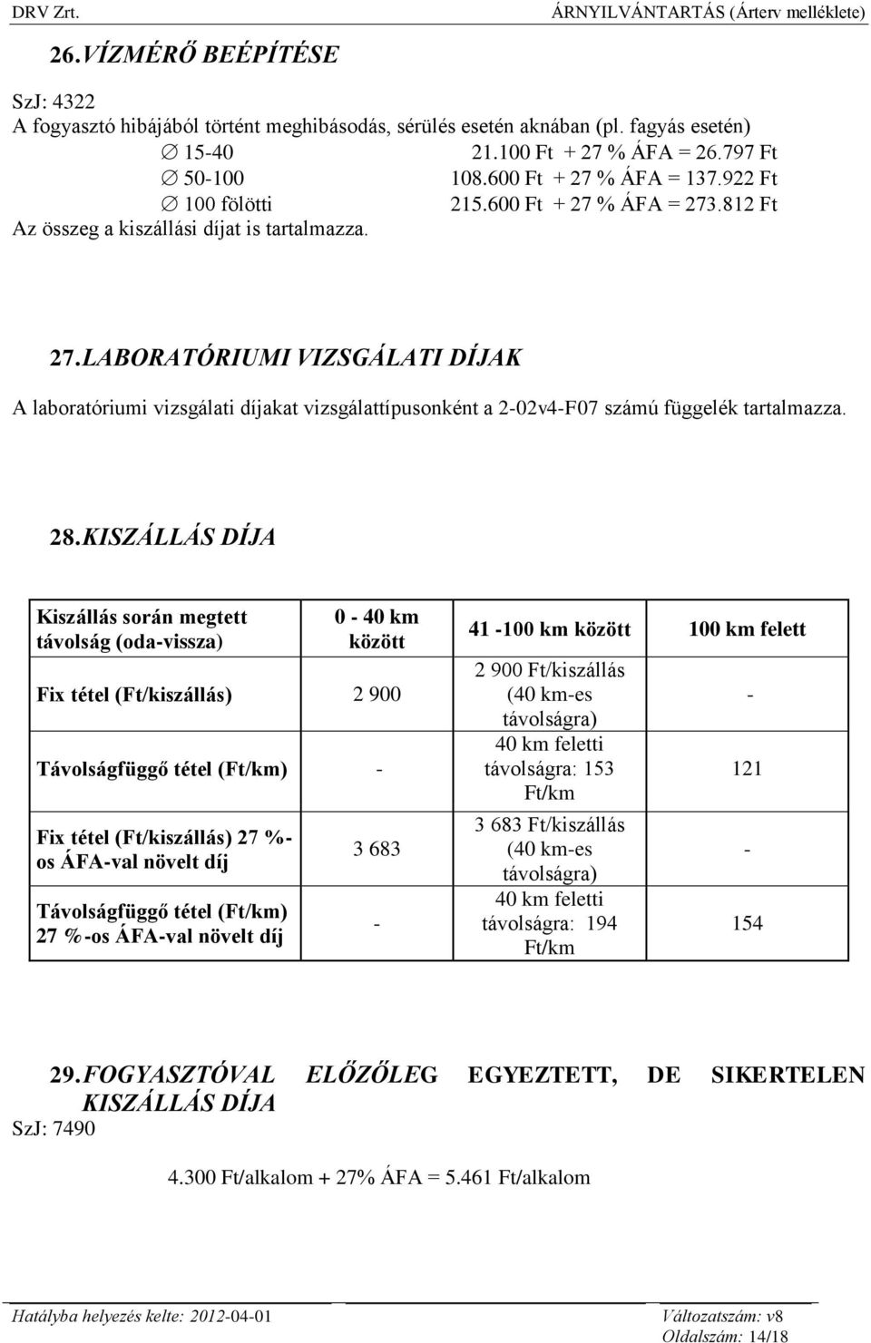 28. KISZÁLLÁS DÍJA Kiszállás során megtett távolság (oda-vissza) 0-40 km között Fix tétel (Ft/kiszállás) 2 900 Távolságfüggő tétel (Ft/km) - Fix tétel (Ft/kiszállás) 27 %- os ÁFA-val növelt díj