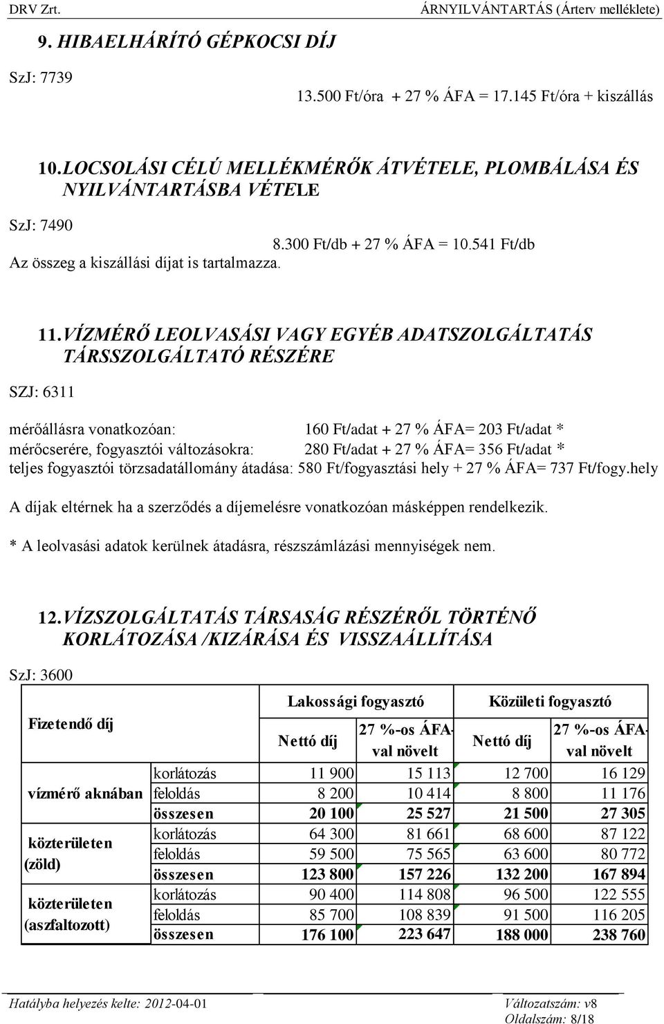 VÍZMÉRŐ LEOLVASÁSI VAGY EGYÉB ADATSZOLGÁLTATÁS TÁRSSZOLGÁLTATÓ RÉSZÉRE SZJ: 6311 mérőállásra vonatkozóan: 160 Ft/adat + 27 % ÁFA= 203 Ft/adat * mérőcserére, fogyasztói változásokra: 280 Ft/adat + 27