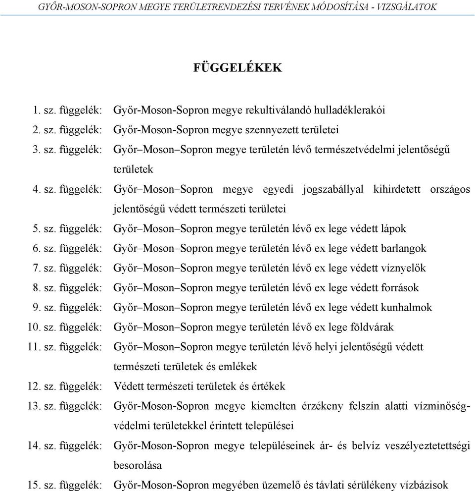 sz. függelék: Győr Moson Sopron megye területén lévő ex lege védett barlangok 7. sz. függelék: Győr Moson Sopron megye területén lévő ex lege védett víznyelők 8. sz. függelék: Győr Moson Sopron megye területén lévő ex lege védett források 9.