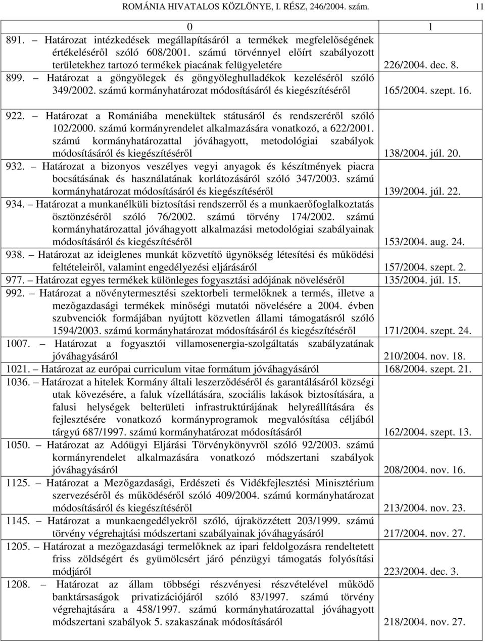 számú kormányhatározat módosításáról és kiegészítéséről 165/2004. szept. 16. 922. Határozat a Romániába menekültek státusáról és rendszeréről szóló 102/2000.