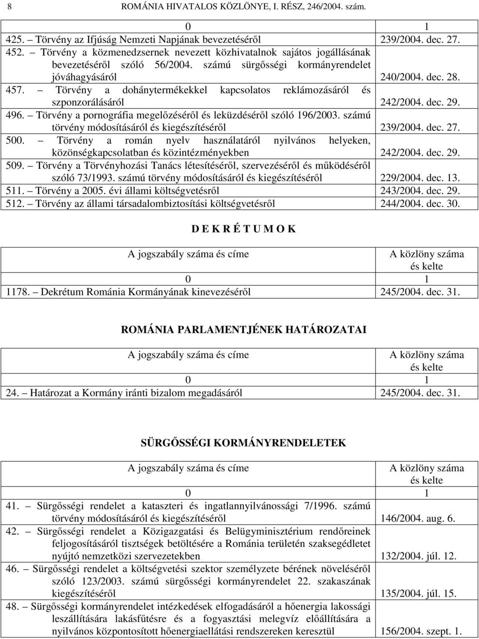 Törvény a dohánytermékekkel kapcsolatos reklámozásáról és szponzorálásáról 242/2004. dec. 29. 496. Törvény a pornográfia megelőzéséről és leküzdéséről szóló 196/2003.