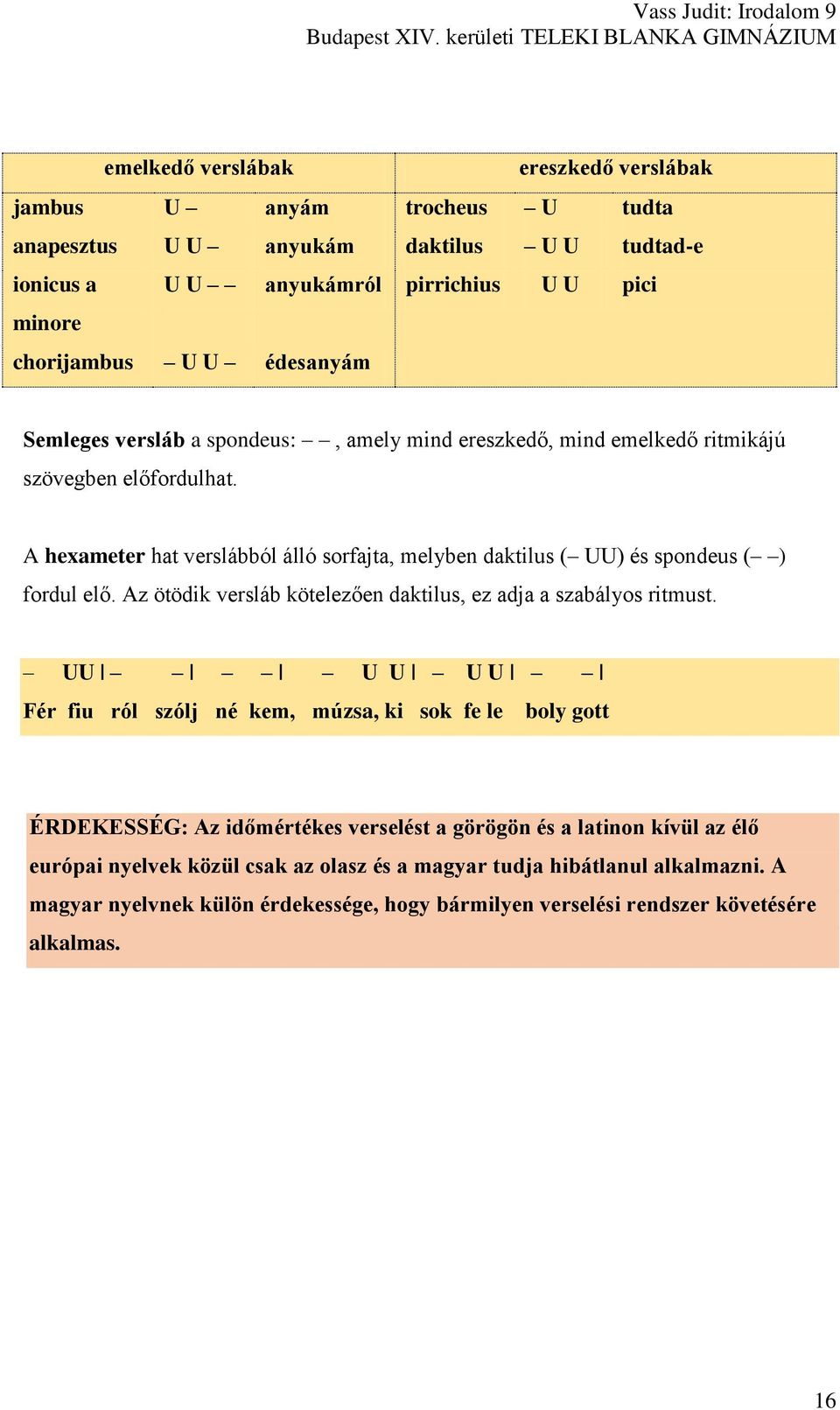 A hexameter hat verslábból álló sorfajta, melyben daktilus ( UU) és spondeus ( ) fordul elő. Az ötödik versláb kötelezően daktilus, ez adja a szabályos ritmust.