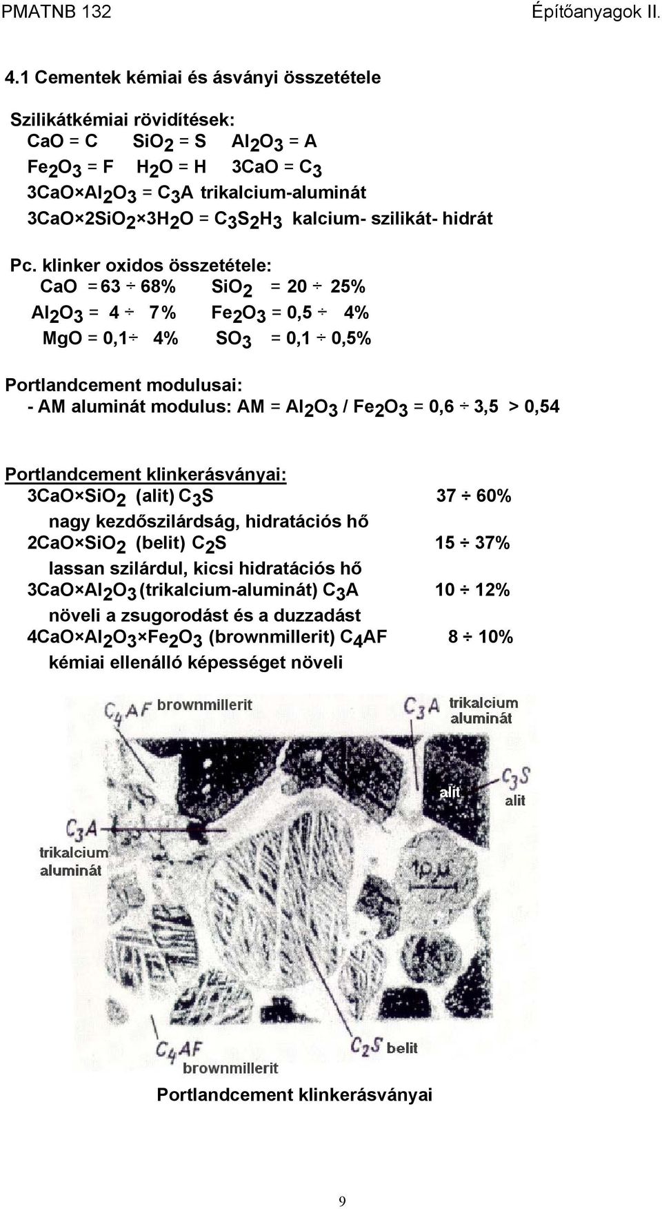 klinker oxidos összetétele: CaO = 63 68% SiO 2 = 20 25% Al 2 O 3 = 4 7 % Fe 2 O 3 = 0,5 4% MgO = 0,1 4% SO 3 = 0,1 0,5% Portlandcement modulusai: - AM aluminát modulus: AM = Al 2 O 3 / Fe 2 O 3 = 0,6