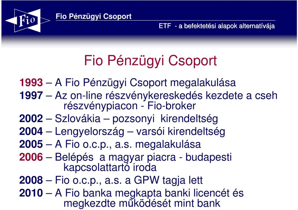 kirendeltség 2005 A Fio o.c.p., a.s. megalakulása 2006 Belépés a magyar piacra - budapesti kapcsolattartó iroda 2008 Fio o.