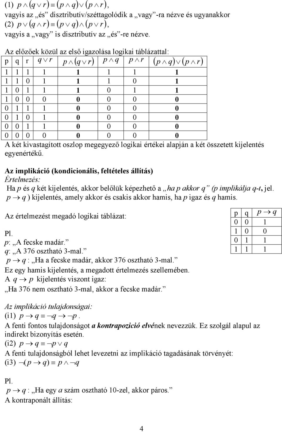 1 0 0 0 0 0 0 0 0 0 0 0 0 A két kivastagított oszlop megegyező logikai értékei alapján a két összetett kijelentés egyenértékű.