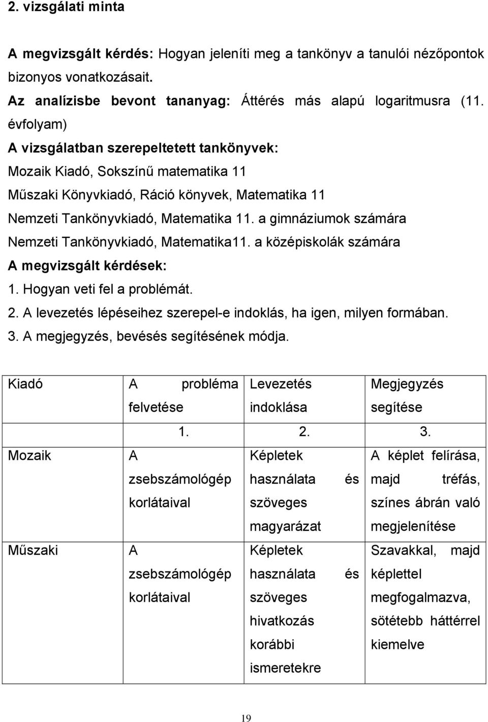 a gimnáziumok számára Nemzeti Tankönyvkiadó, Matematika11. a középiskolák számára A megvizsgált kérdések: 1. Hogyan veti fel a problémát. 2.