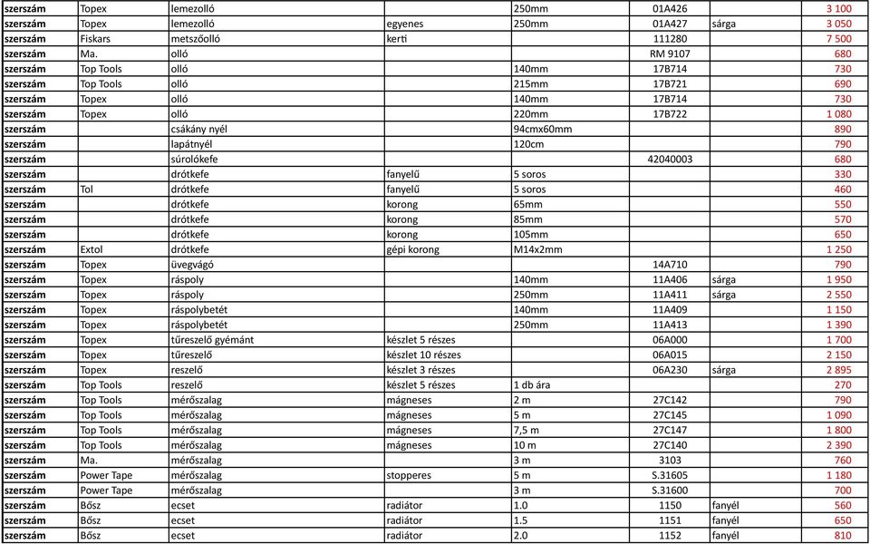 94cmx60mm 890 szerszám lapátnyél 120cm 790 szerszám súrolókefe 42040003 680 szerszám drótkefe fanyelű 5 soros 330 szerszám Tol drótkefe fanyelű 5 soros 460 szerszám drótkefe korong 65mm 550 szerszám