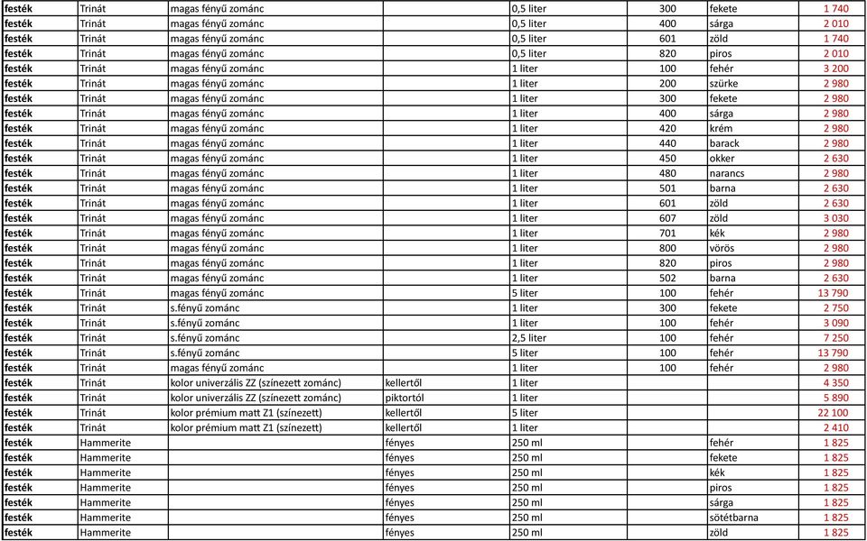 fekete 2 980 festék Trinát magas fényű zománc 1 liter 400 sárga 2 980 festék Trinát magas fényű zománc 1 liter 420 krém 2 980 festék Trinát magas fényű zománc 1 liter 440 barack 2 980 festék Trinát