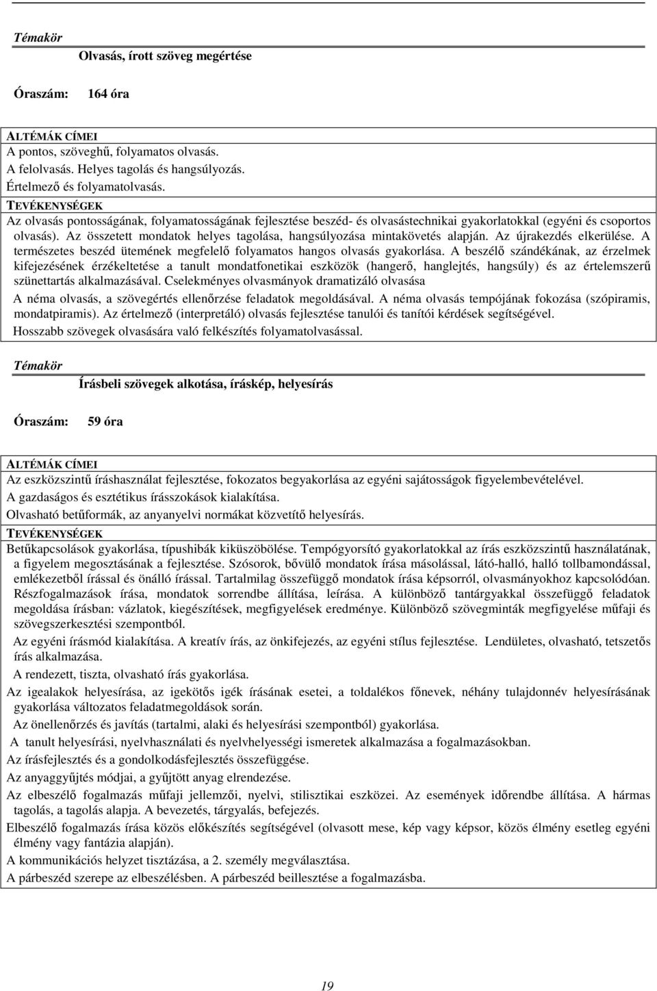 Az összetett mondatok helyes tagolása, hangsúlyozása mintakövetés alapján. Az újrakezdés elkerülése. A természetes beszéd ütemének megfelelő folyamatos hangos olvasás gyakorlása.