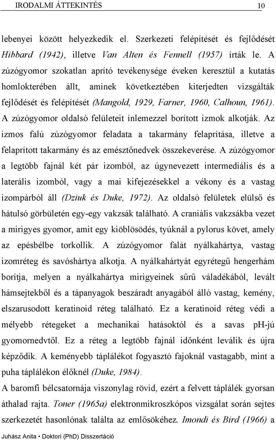 1961). A zúzógyomor oldalsó felületeit ínlemezzel borított izmok alkotják. Az izmos falú zúzógyomor feladata a takarmány felaprítása, illetve a felaprított takarmány és az emésztőnedvek összekeverése.