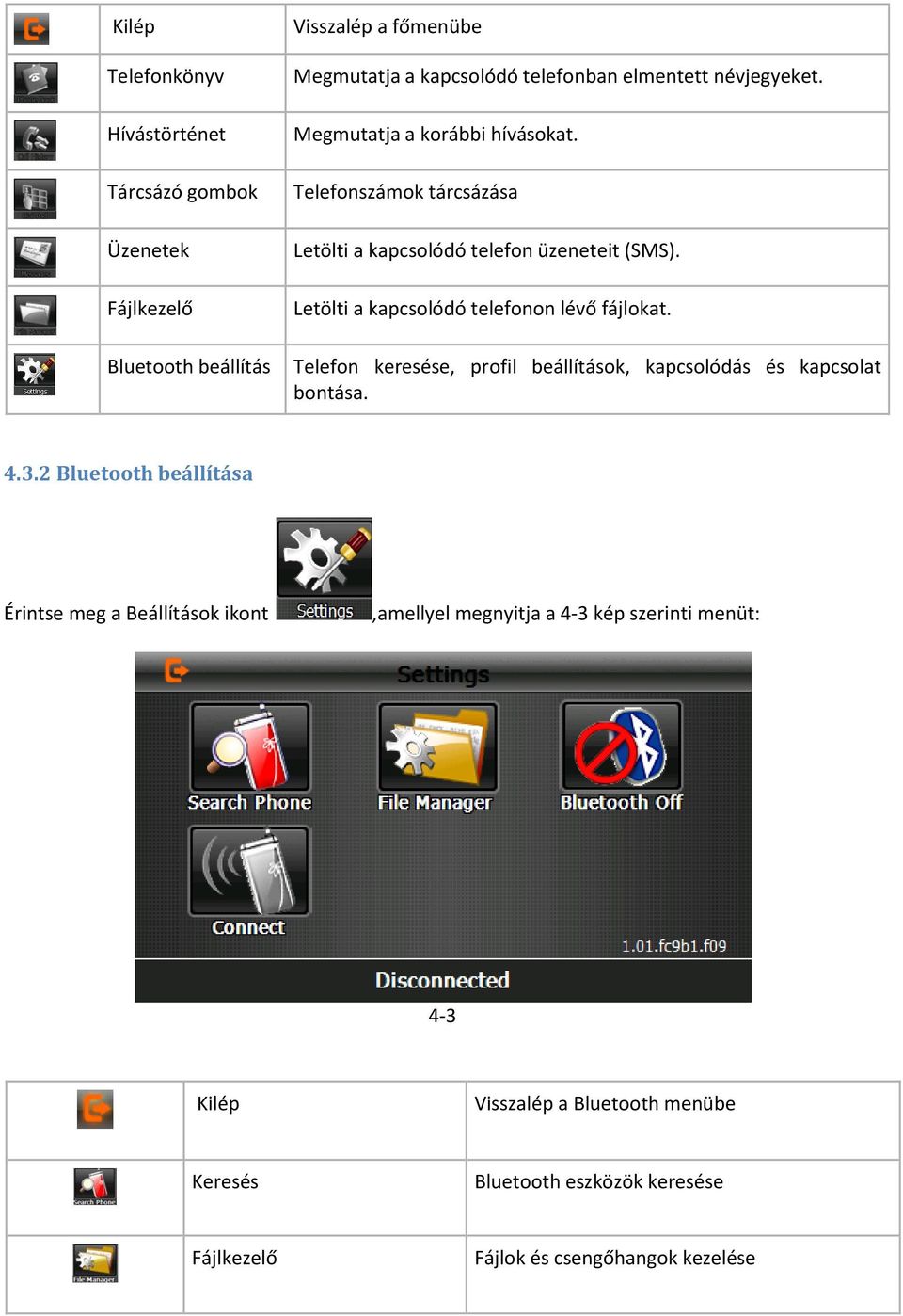 Letölti a kapcsolódó telefonon lévő fájlokat. Telefon keresése, profil beállítások, kapcsolódás és kapcsolat bontása. 4.3.