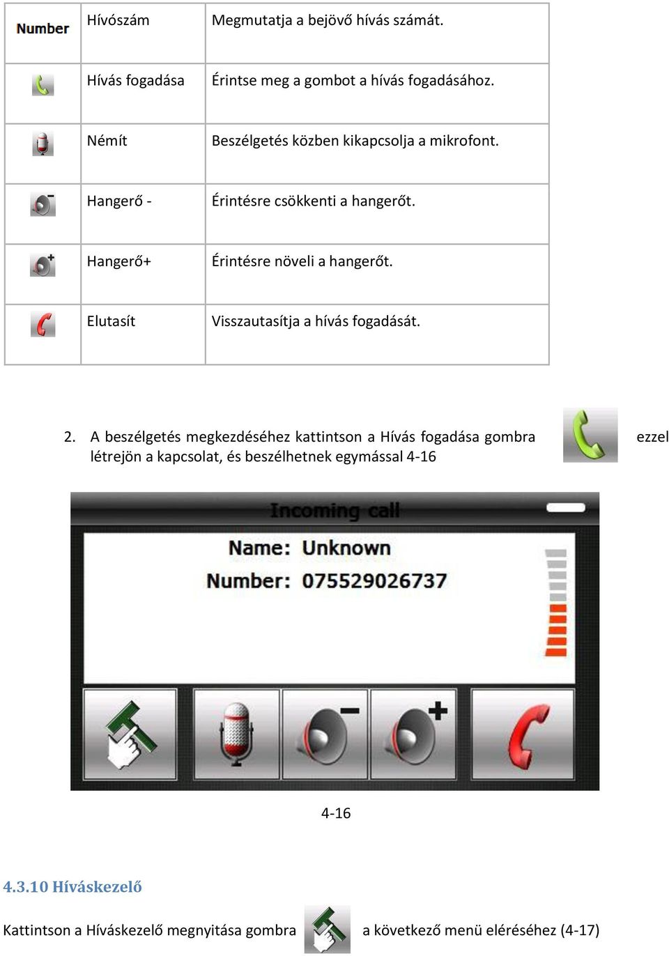 Hangerő+ Érintésre növeli a hangerőt. Elutasít Visszautasítja a hívás fogadását. 2.