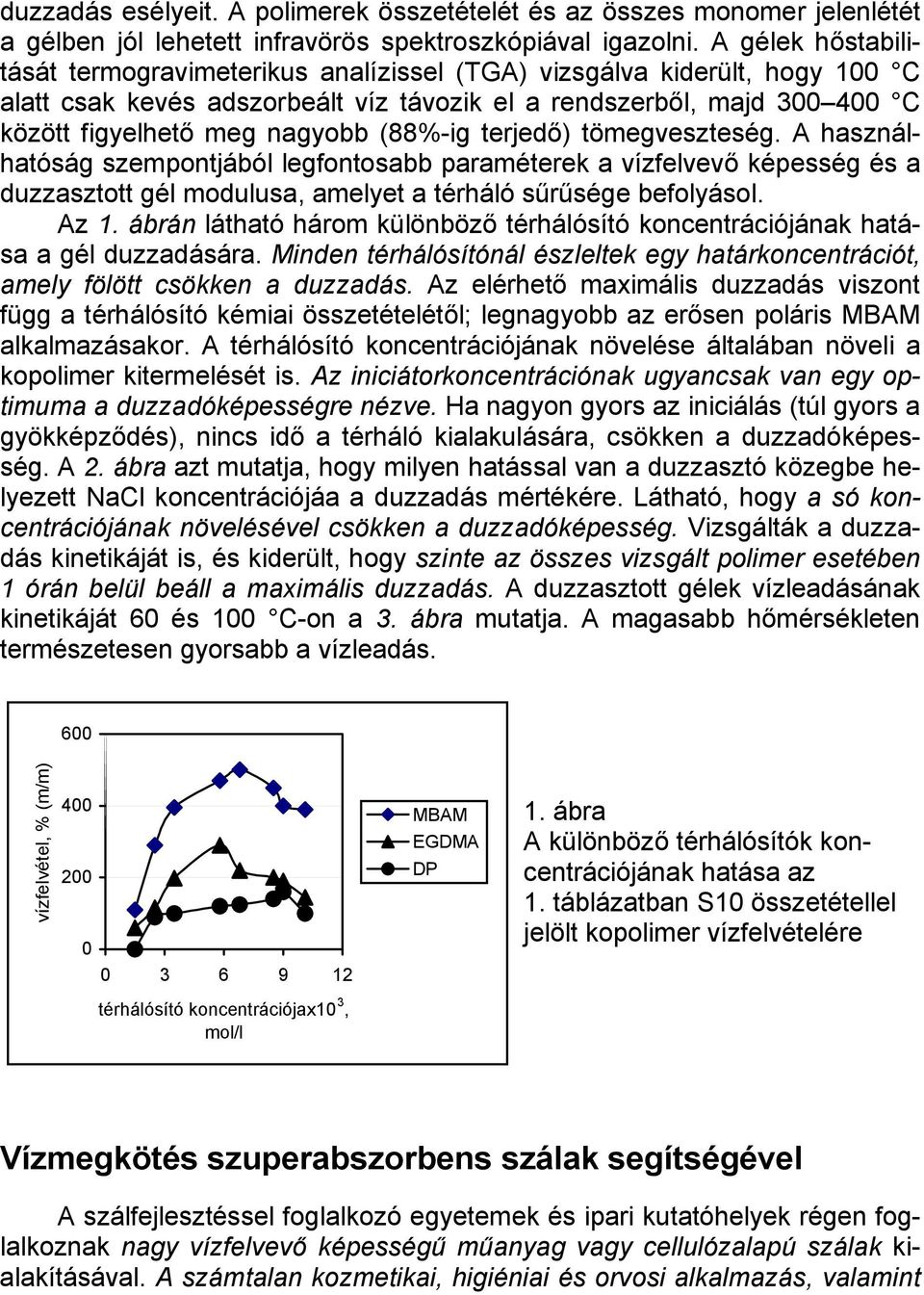 (88%-ig terjedő) tömegveszteség. A használhatóság szempontjából legfontosabb paraméterek a vízfelvevő képesség és a duzzasztott gél modulusa, amelyet a térháló sűrűsége befolyásol. Az 1.