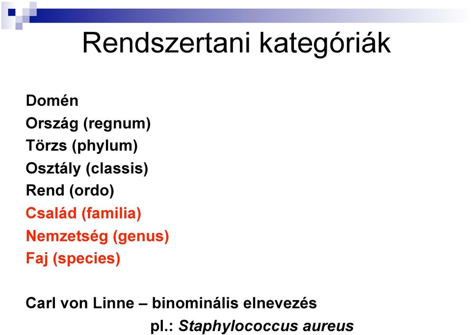 Család (familia) Nemzetség (genus) Faj (species)