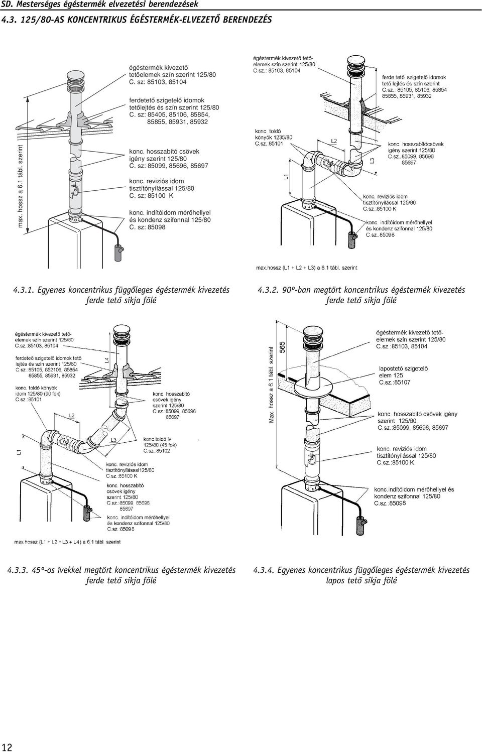 sz: 85100 K konc. indítóidom mérôhellyel és kondenz szifonnal 125/80 C. sz: 85098 4.3.1. Egyenes koncentrikus függôleges égéstermék kivezetés 4.3.2. 90º-ban megtört koncentrikus égéstermék kivezetés ferde tetô síkja fölé ferde tetô síkja fölé 4.