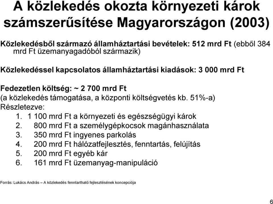 51%-a) Részletezve: 1. 1 100 mrd Ft a környezeti és egészségügyi károk 2. 800 mrd Ft a személygépkocsok magánhasználata 3. 350 mrd Ft ingyenes parkolás 4.