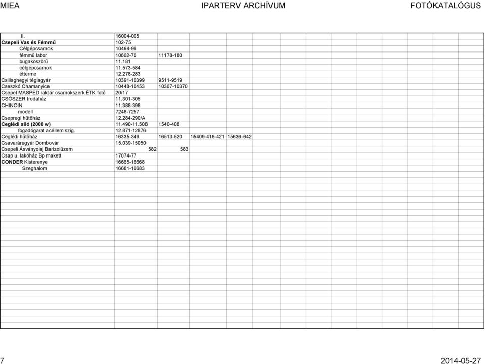 301-305 CHINOIN 11.388-398 modell 7248-7257 Csepregi hűtőház 12.284-290/A Ceglédi siló (2000 w) 11.490-11.508 1540-408 fogadógarat acéllem.szig. 12.871-12876 Ceglédi hűtőház 16335-349 16513-520 15409-416-421 15636-642 Csavarárugyár Dombovár 15.