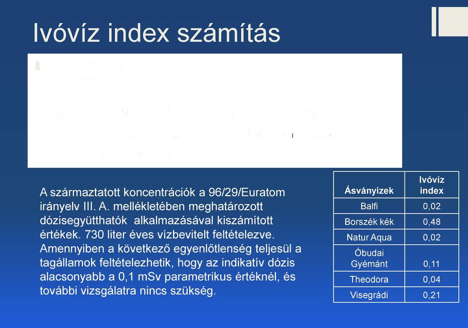 Amennyiben a következő egyenlőtlenség teljesül a tagállamok feltételezhetik, hogy az indikatív dózis alacsonyabb a 0,1 msv