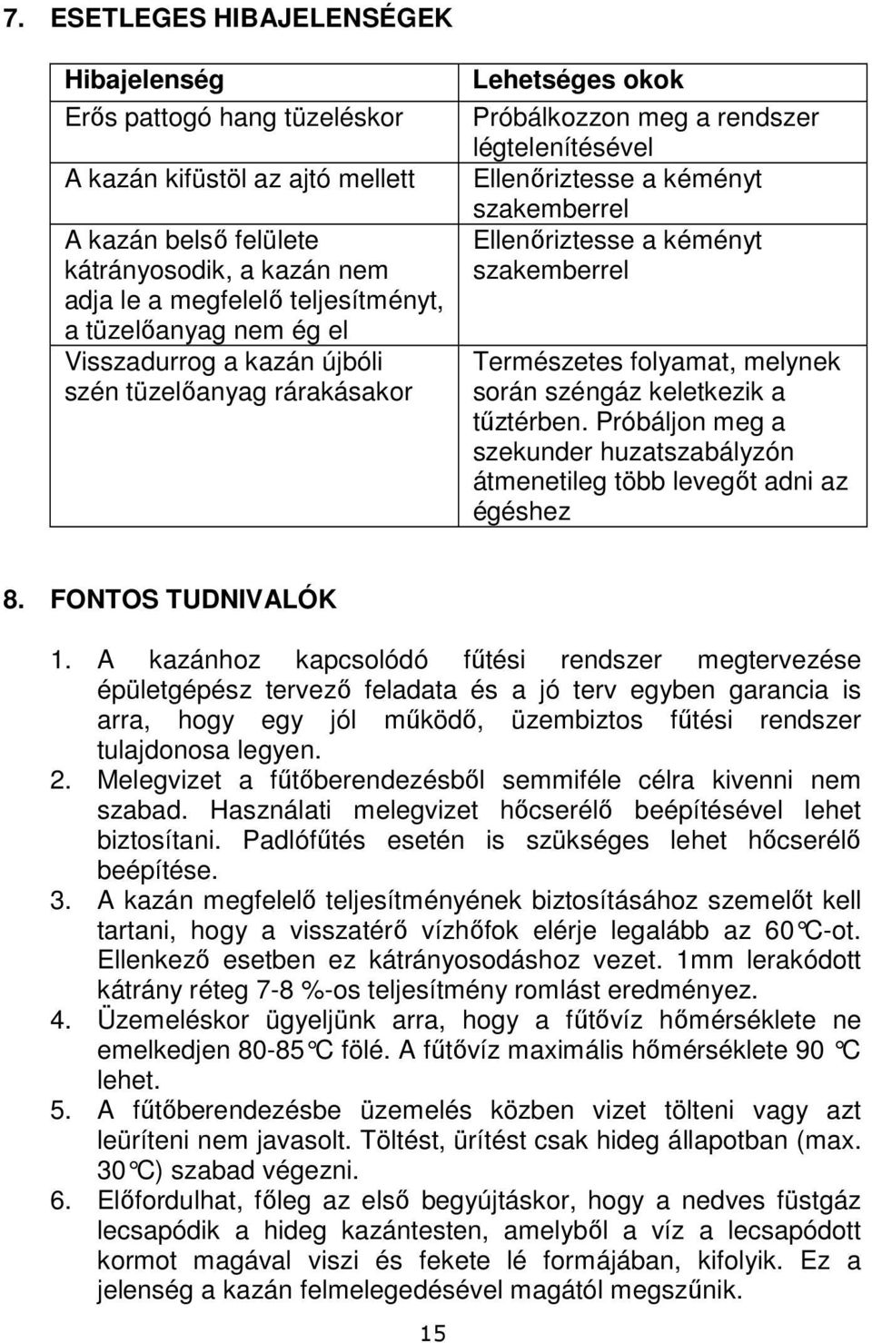 kéményt szakemberrel Természetes folyamat, melynek során széngáz keletkezik a tűztérben. Próbáljon meg a szekunder huzatszabályzón átmenetileg több levegőt adni az égéshez 8. FONTOS TUDNIVALÓK 1.