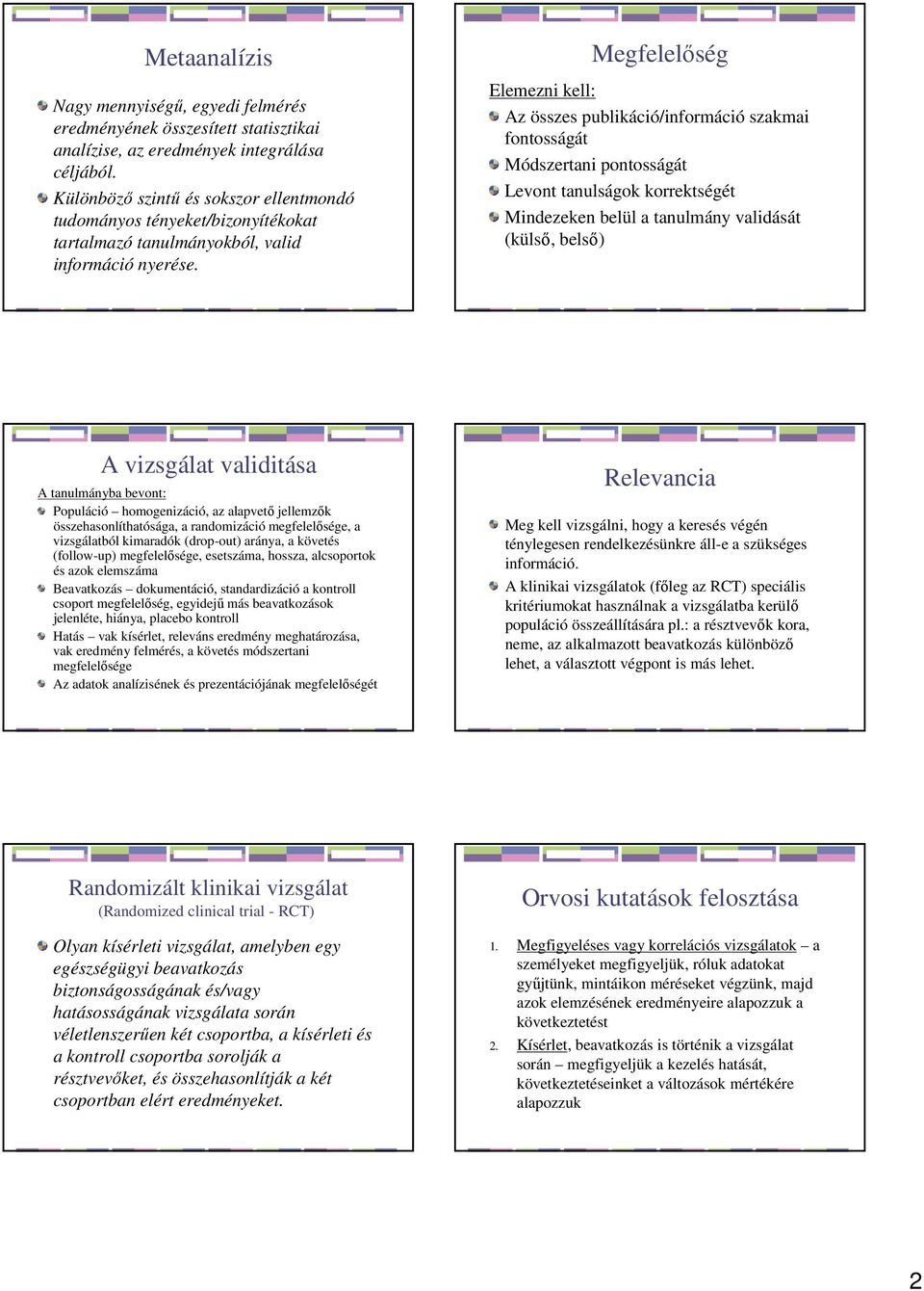 Megfelelőség Elemezni kell: Az összes publikáció/információ szakmai fontosságát Módszertani pontosságát Levont tanulságok korrektségét Mindezeken belül a tanulmány validását (külső, belső) A