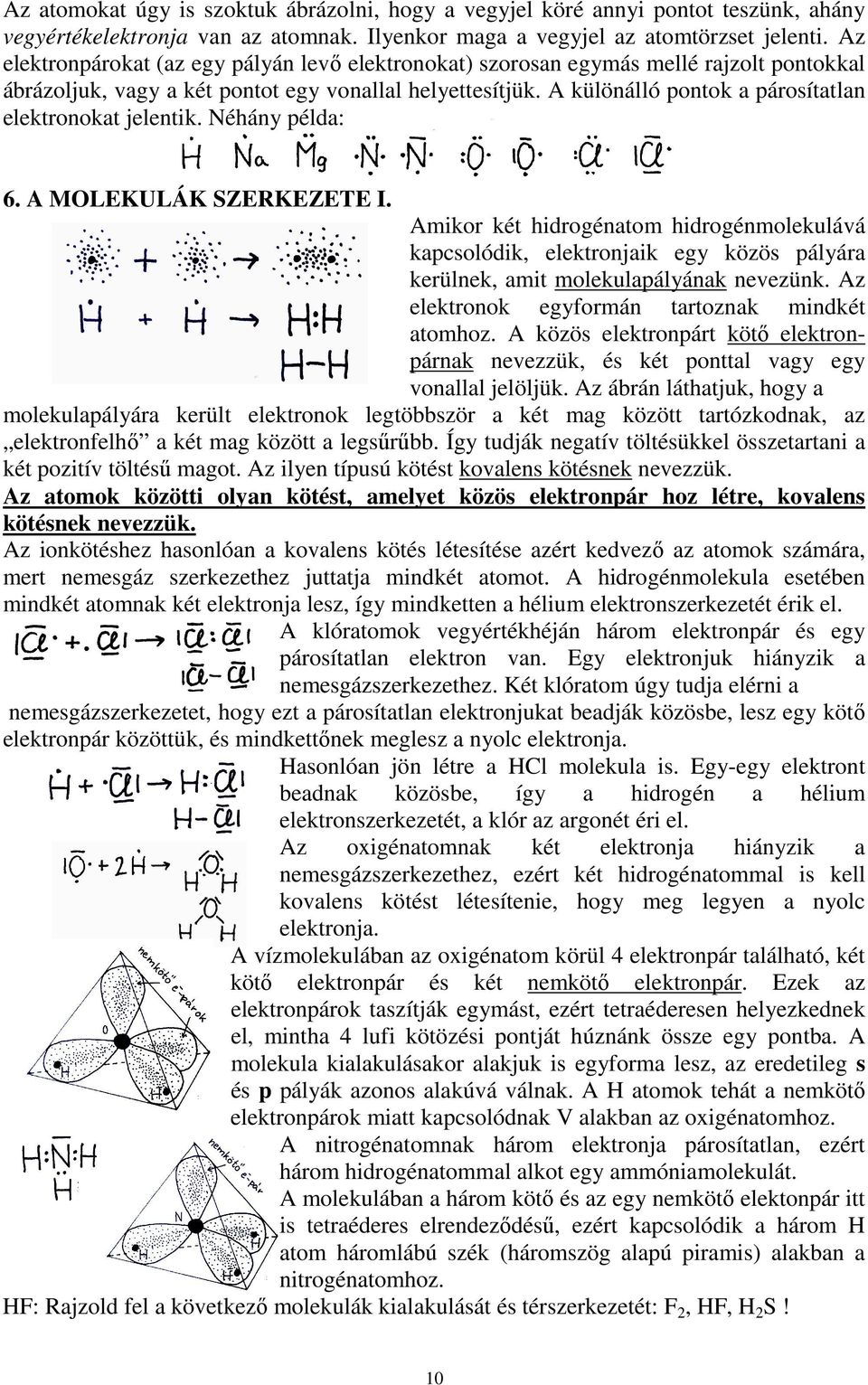 A különálló pontok a párosítatlan elektronokat jelentik. Néhány példa: 6. A MOLEKULÁK SZERKEZETE I.