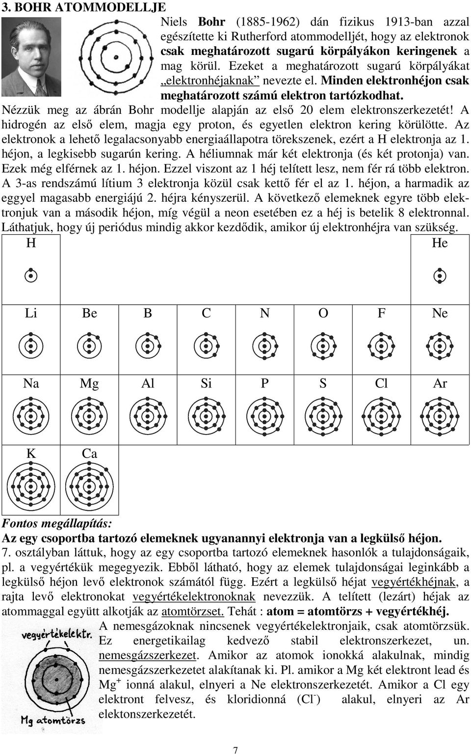 Nézzük meg az ábrán Bohr modellje alapján az elsı 20 elem elektronszerkezetét! A hidrogén az elsı elem, magja egy proton, és egyetlen elektron kering körülötte.