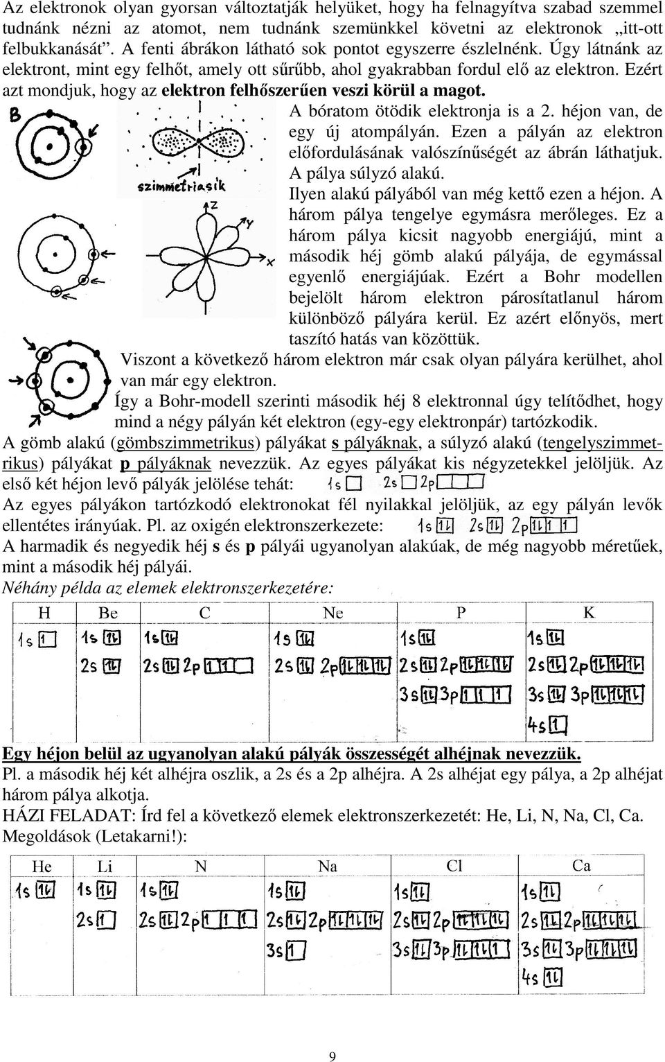 Ezért azt mondjuk, hogy az elektron felhıszerően veszi körül a magot. A bóratom ötödik elektronja is a 2. héjon van, de egy új atompályán.