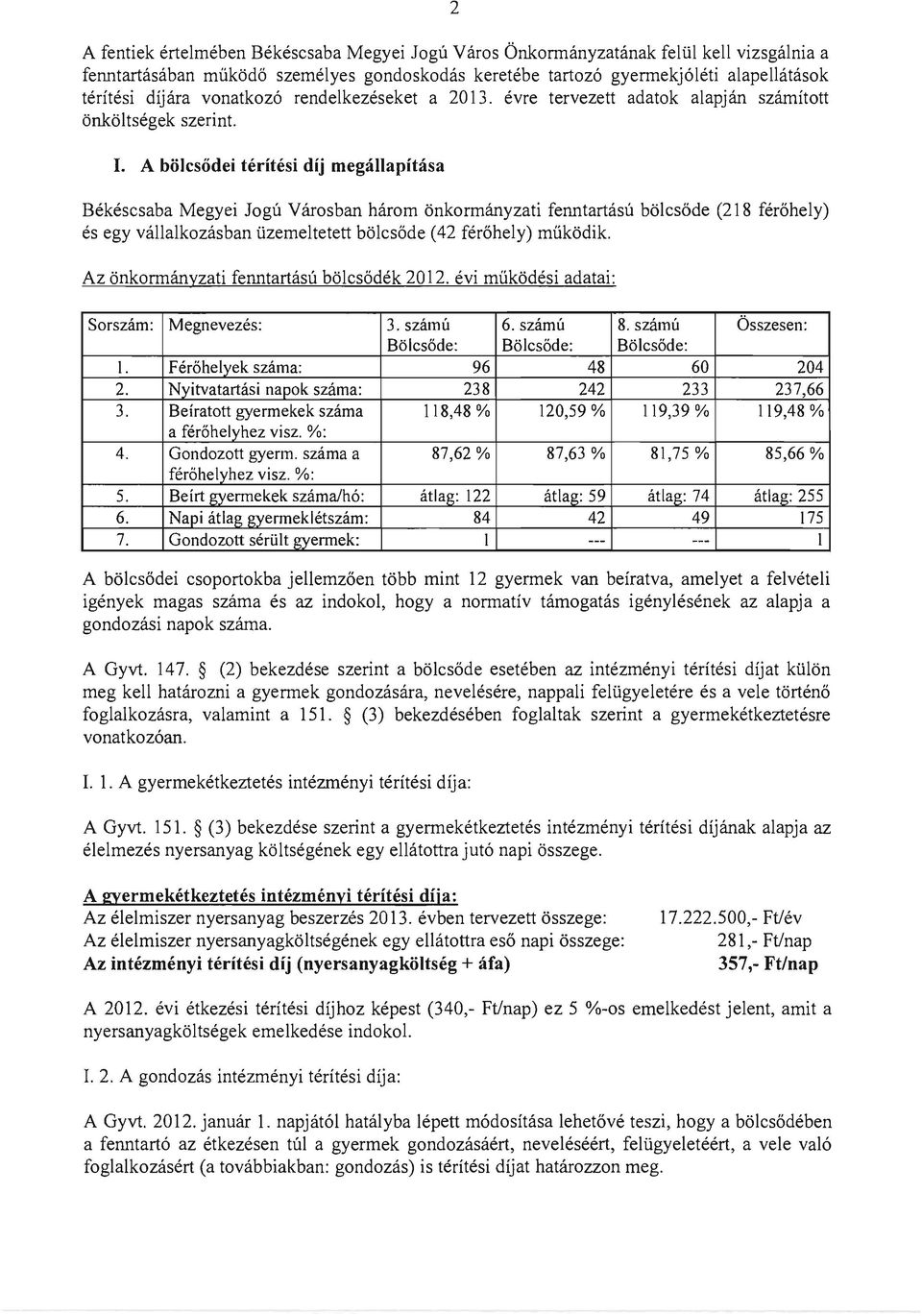 A bölcsődei térítési díj megállapítása Békéscsaba Megyei Jogú Városban három önkormányzati fenntartású bölcsőde (218 férőhely) és egy vállalkozásban üzemeltetett bölcsőde (42 férőhely) működik.