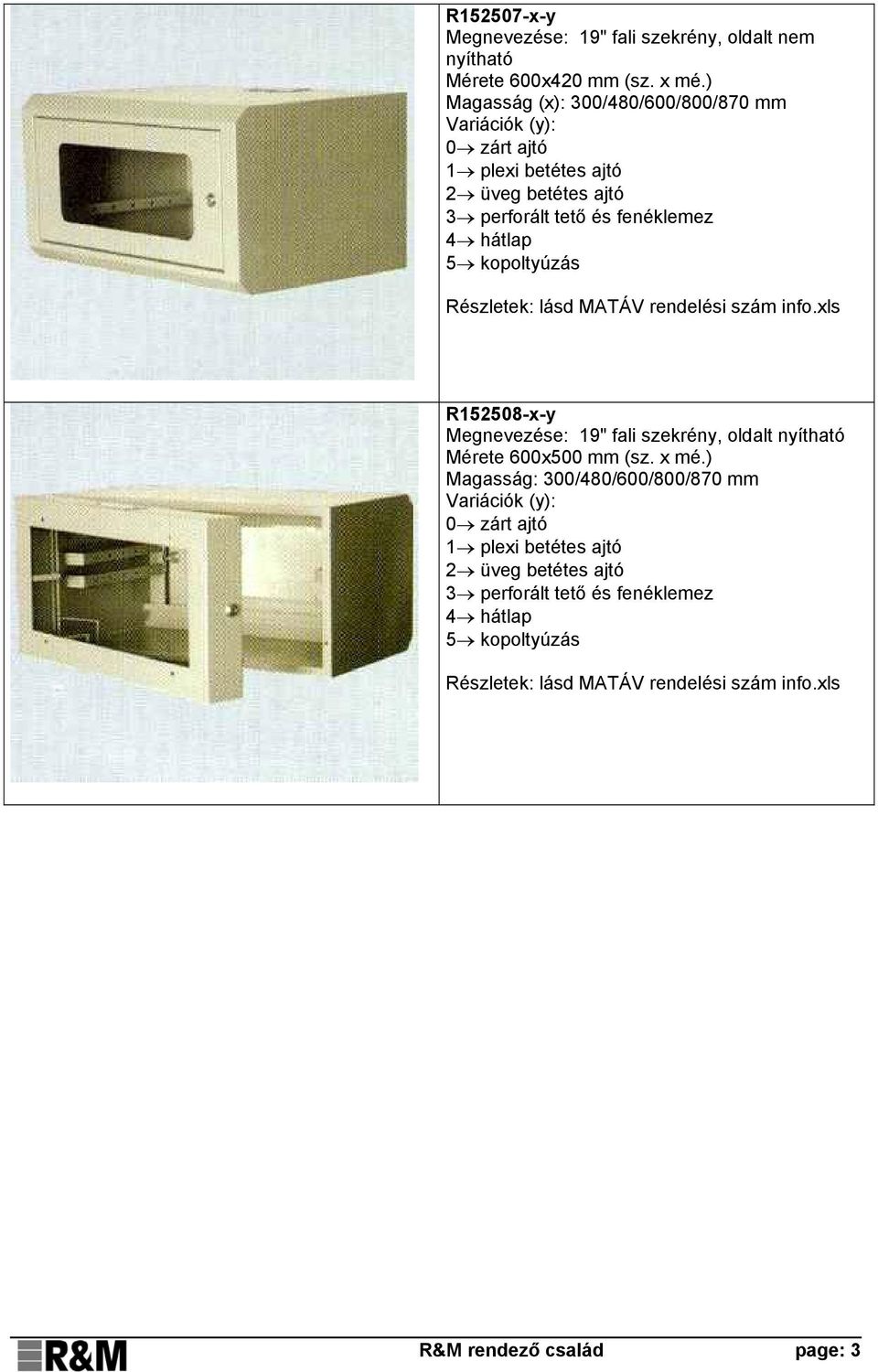 fenéklemez 4 hátlap 5 kopoltyúzás R152508-x-y Megnevezése: 19" fali szekrény, oldalt nyítható Mérete 600x500 mm (sz. x mé.