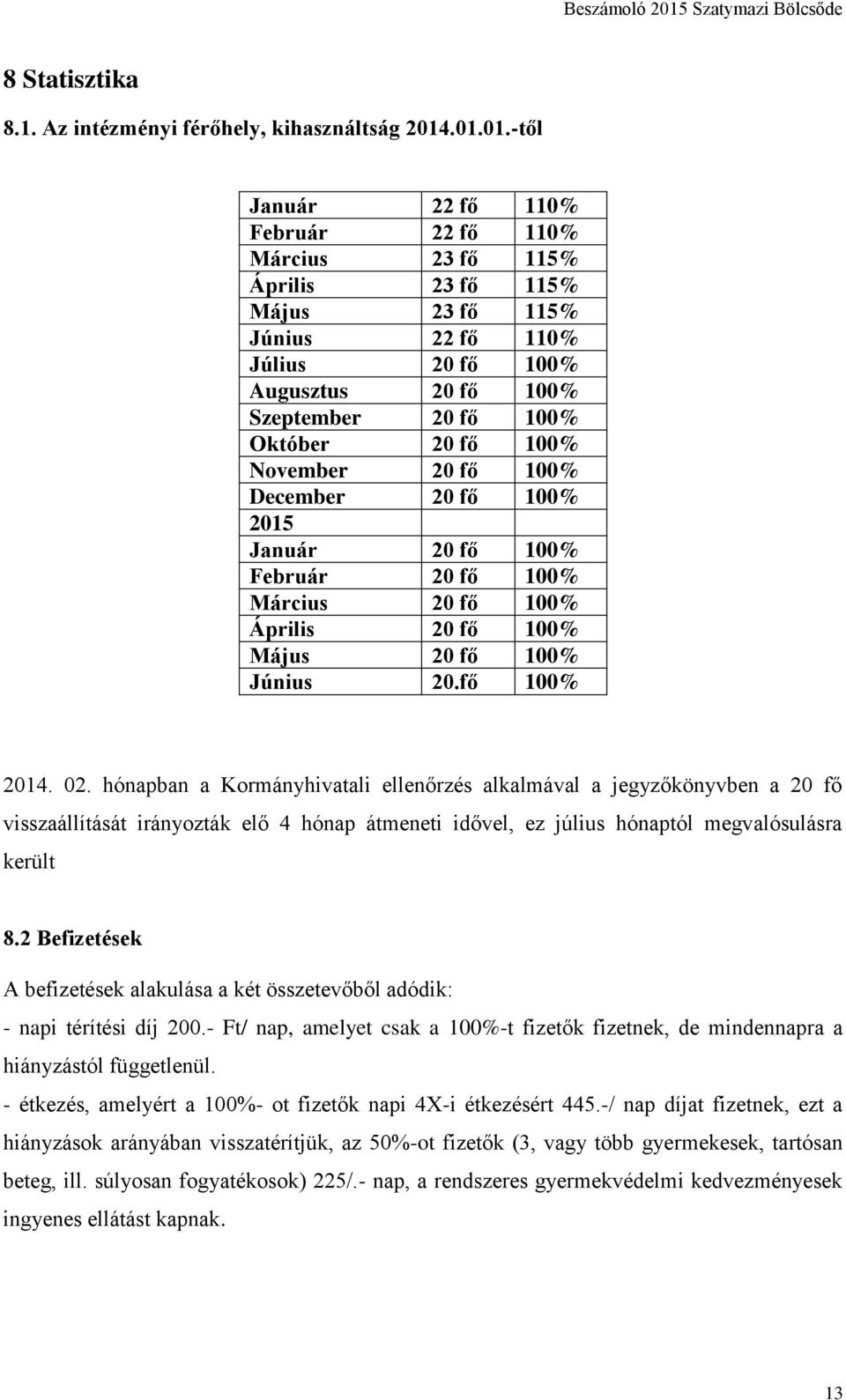 100% November 20 fő 100% December 20 fő 100% 2015 Január 20 fő 100% Február 20 fő 100% Március 20 fő 100% Április 20 fő 100% Május 20 fő 100% Június 20.fő 100% 2014. 02.