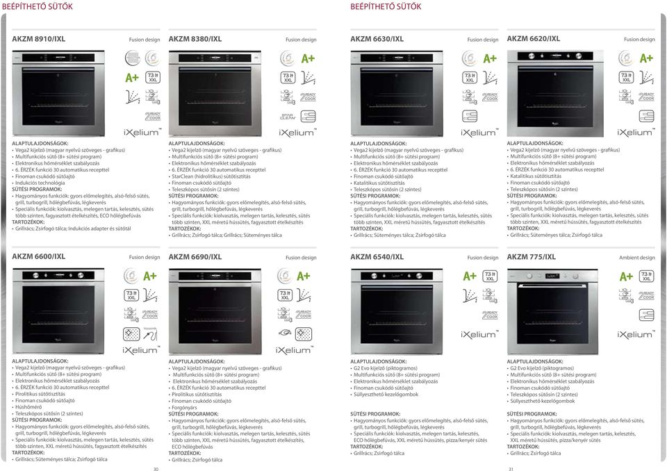 ÉRZÉK funkció 30 automatikus recepttel Finoman csukódó sütőajtó Indukciós technológia SÜTÉSI PROGRAMOK: Hagyományos funkciók: gyors előmelegítés, alsó-felső sütés, grill, turbogrill, hőlégbefúvás,