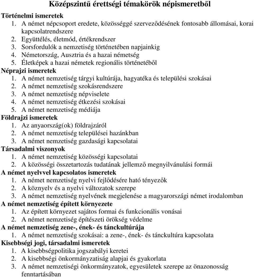 Életképek a hazai németek regionális történetéből Néprajzi ismeretek 1. A német nemzetiség tárgyi kultúrája, hagyatéka és települési szokásai 2. A német nemzetiség szokásrendszere 3.